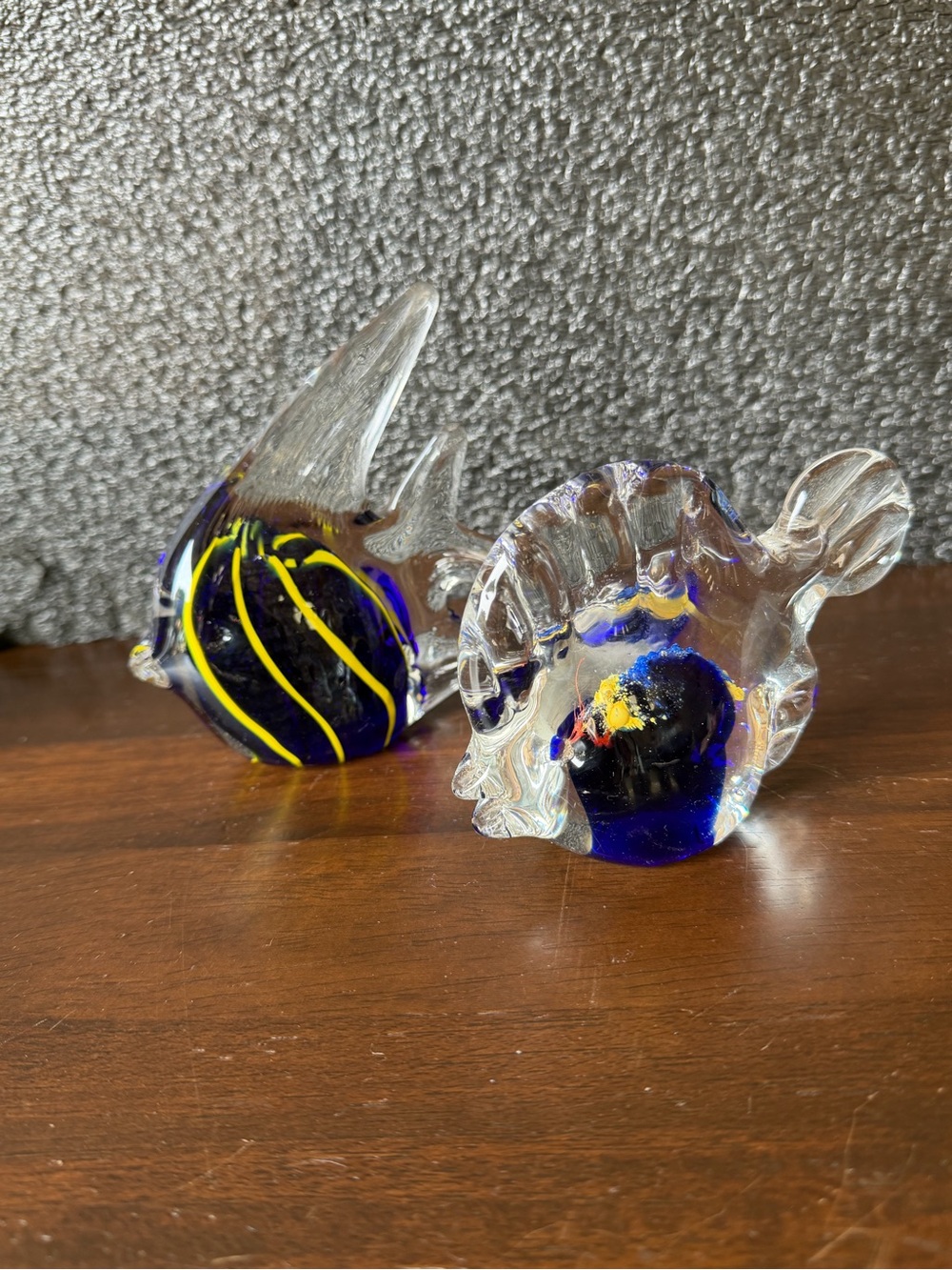 Handblown Clear Glass Fish Figurines with Blue and Yellow Accents